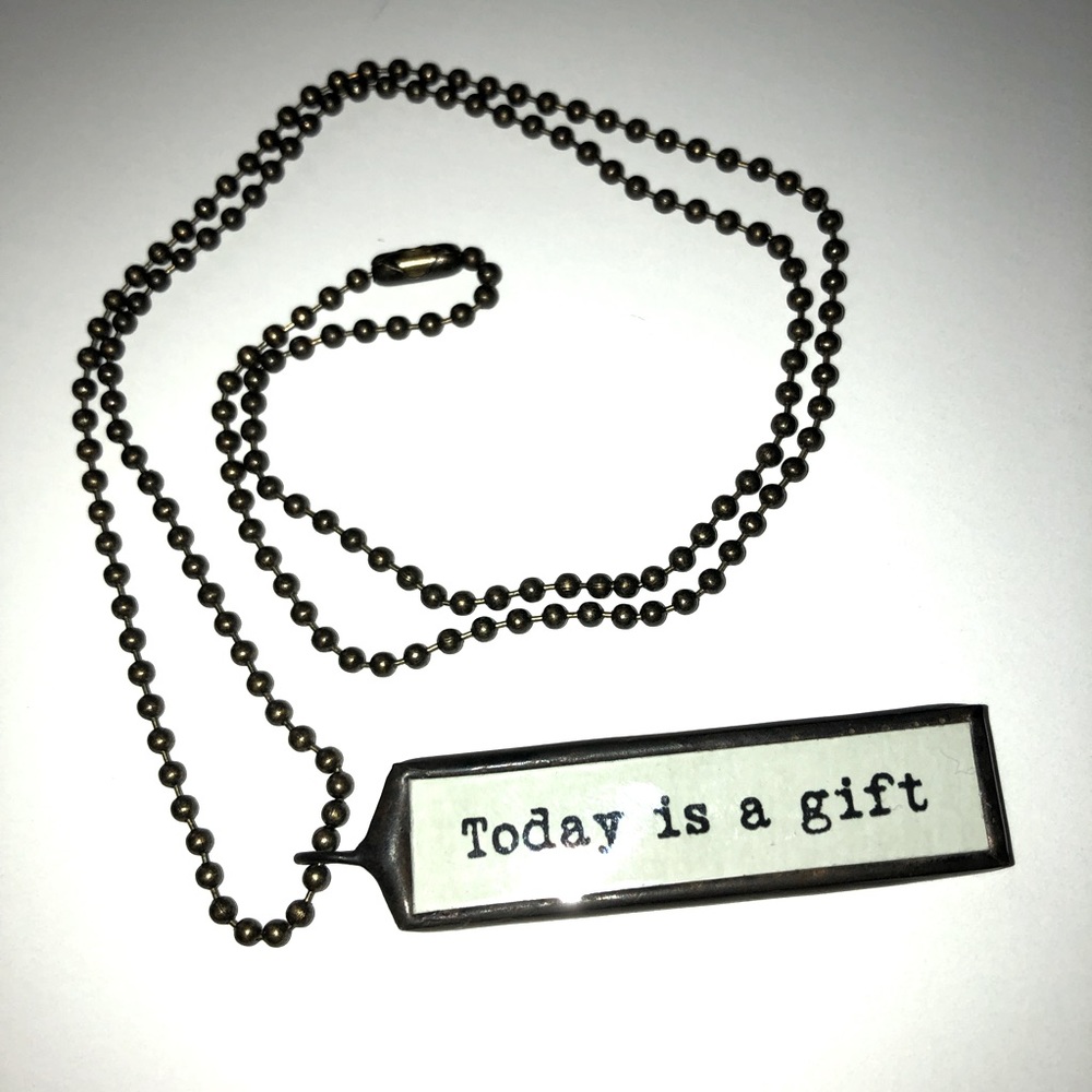 Ball chain necklace w/“Today is a gift” pendant, 14”, “aged bronze” color - NWOT